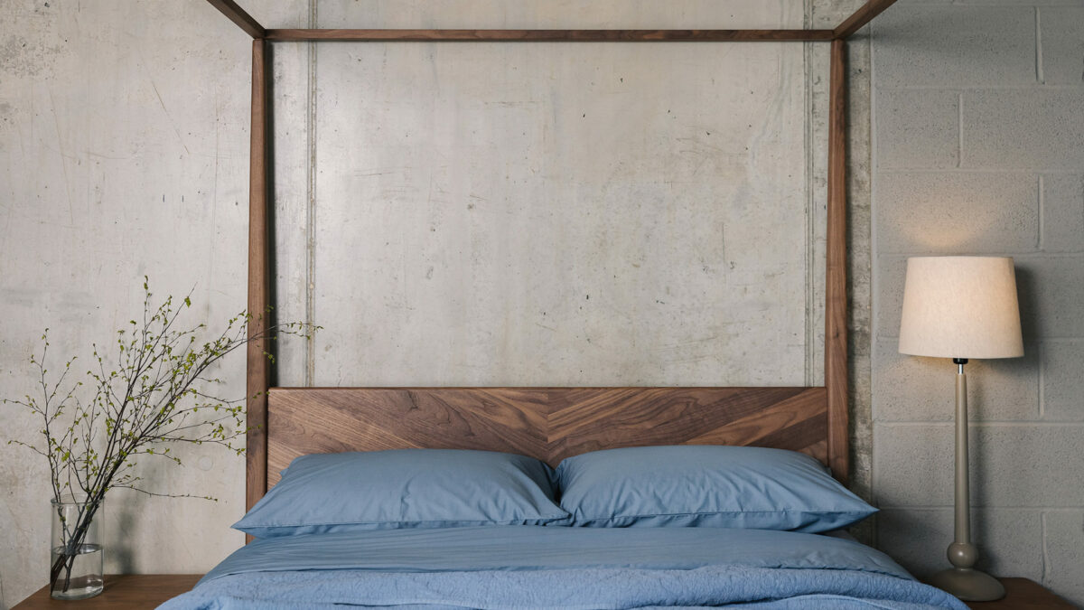 walnut Harrow bed with blue bedding 1280