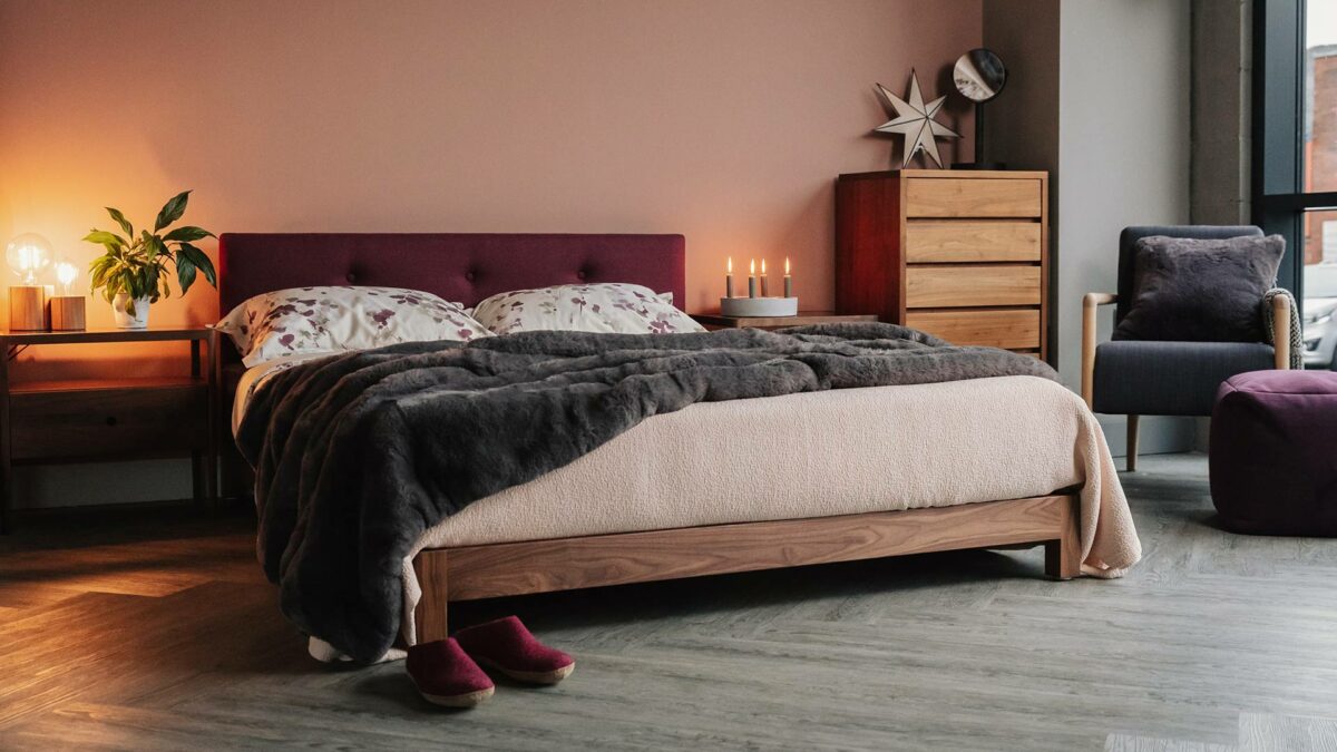 walnut Iona with walnut Spindle bedside units