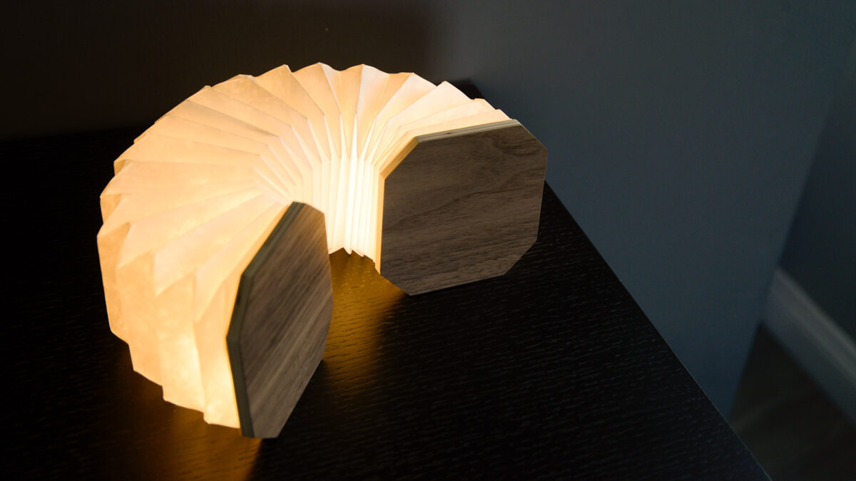 concertina style wireless warm white LED lamp with walnut ends