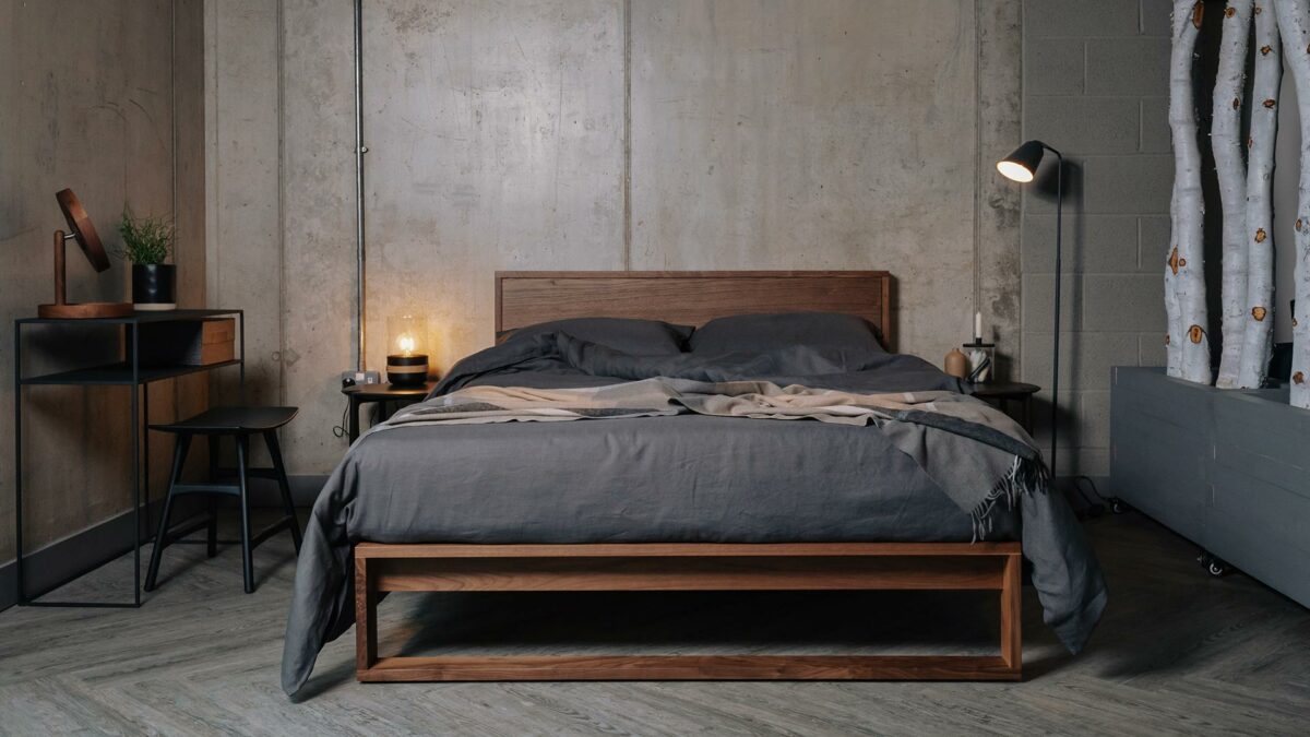 Scandinavian style bedroom - dark linen bedding on our solid walnut Leith bed