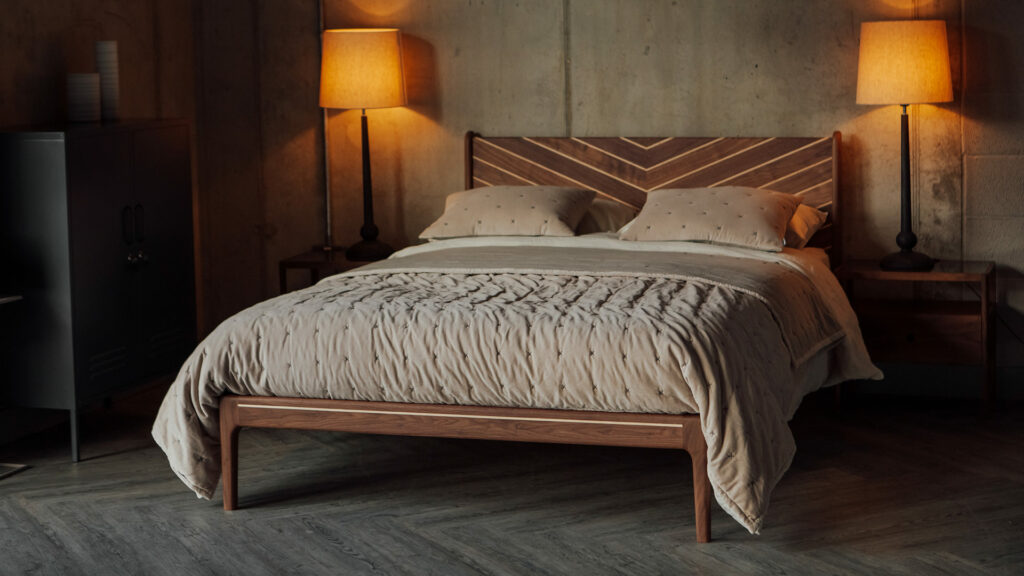 Hand made in uk special edition Hoxton bed in walnut and maple