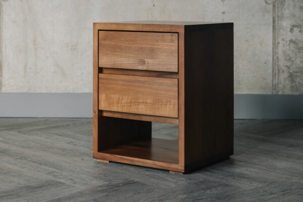 solid walnut wood two drawer bedside table with open shelf at the bottom