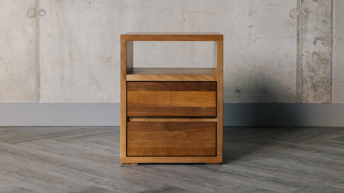 solid walnut wood two drawer side table with open shelf at the top