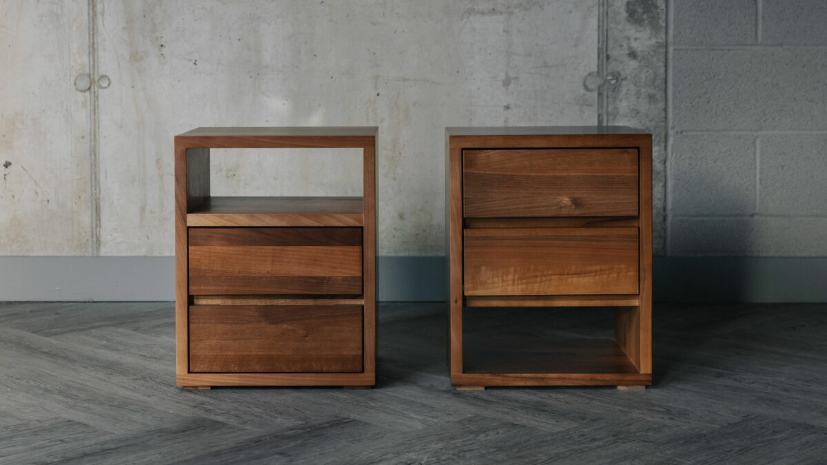 solid walnut wood two drawer bedside tables with open shelf either at the top or the bottom