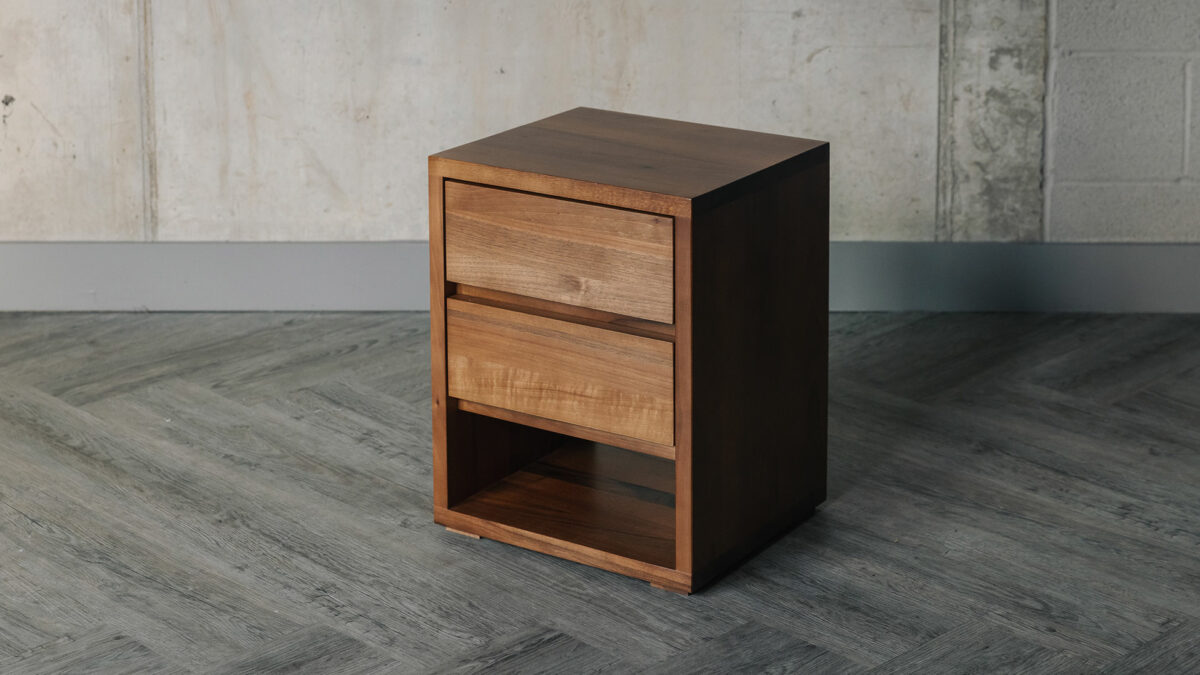 solid walnut wood two drawer bedside table with open shelf at the bottom