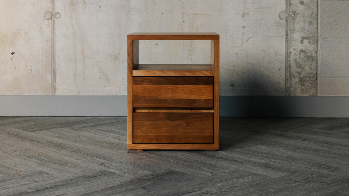 solid walnut wood two drawer bedside table with open shelf at the top