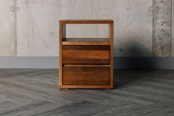 walnut bedside unit with upper shelf