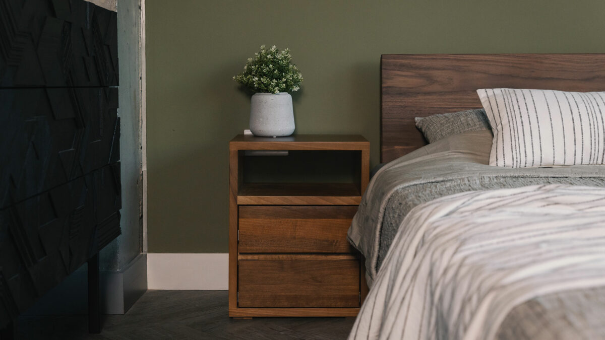 solid walnut wood two drawer bedside table with open shelf at the top