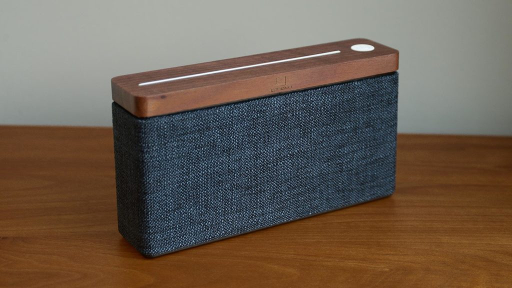 from above the bluetooth speaker in walnut and grey