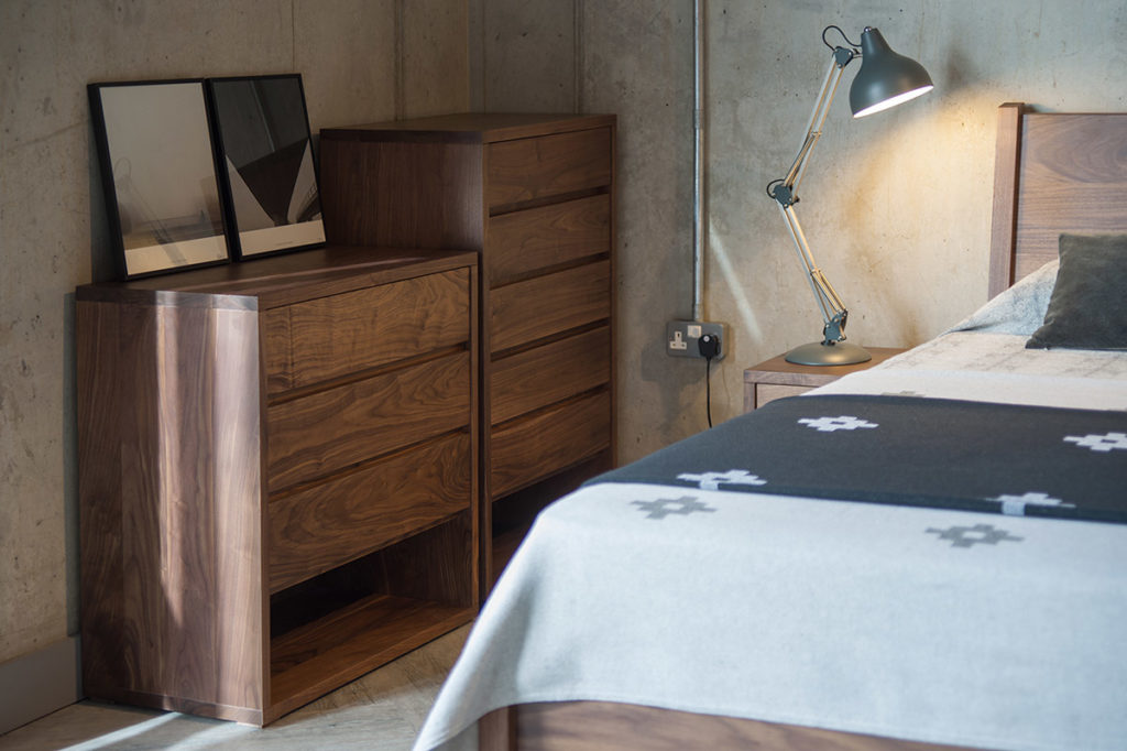 Cube collection of walnut bedroom furniture from Natural Bed Company