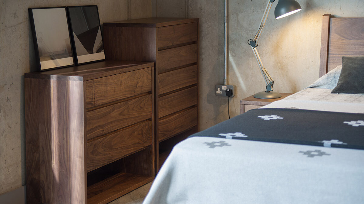 Cube collection of walnut bedroom furniture from Natural Bed Company