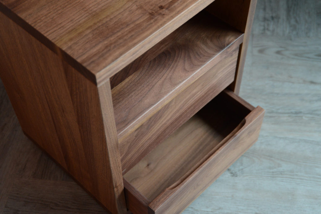 walnut wood bedside table with 2 drawers and an open shelf