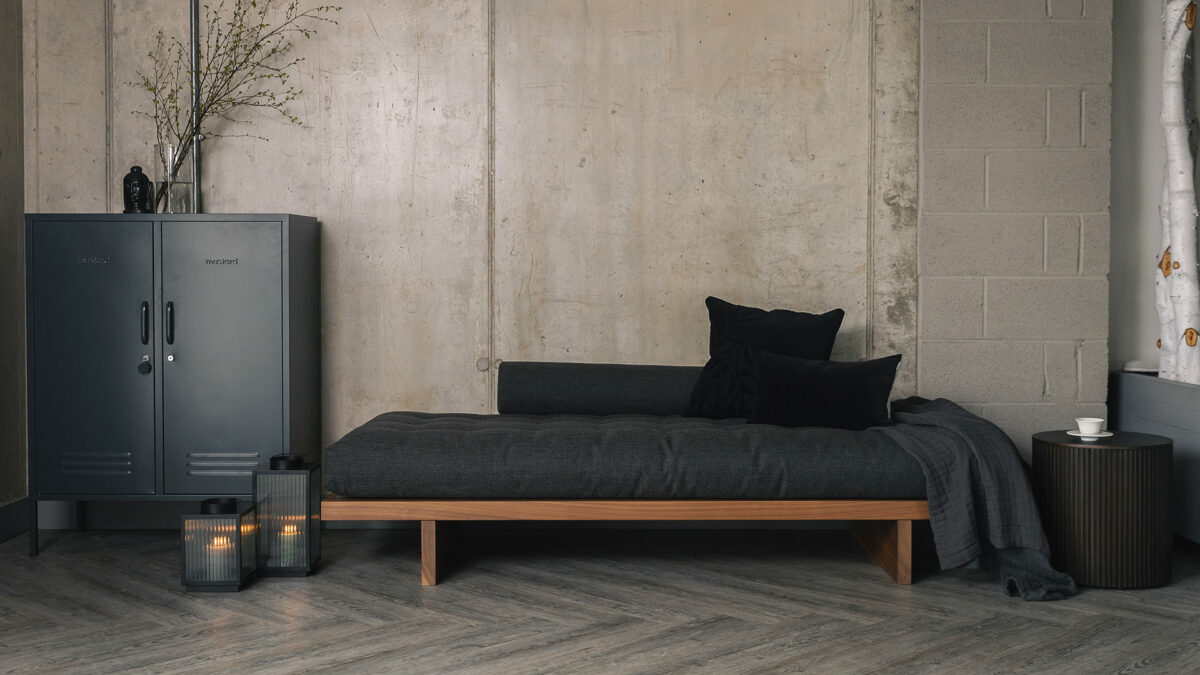 walnut daybed with charcoal mattress