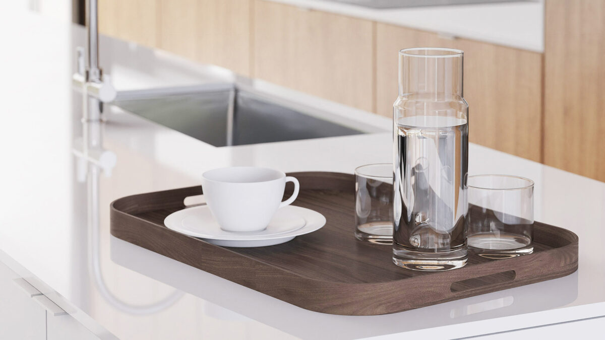 walnut wood rectangular tray with curved corners and hand holes