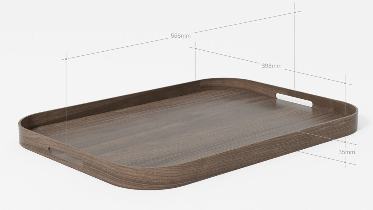 rounded walnut wood tray showing the dimensions