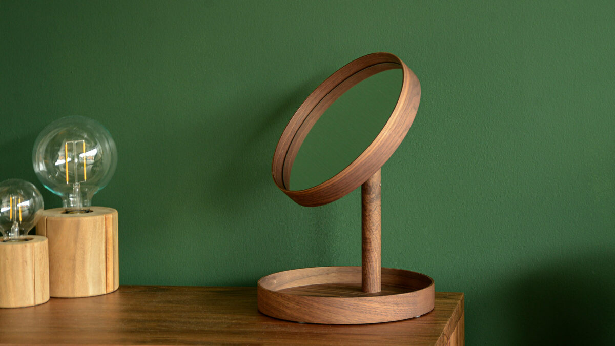 walnut wood adjustable vanity mirror with tray