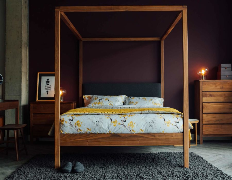 Luxurious solid wood 4 poster bed, The Highland, with wool upholstered headboard for optimal comfort