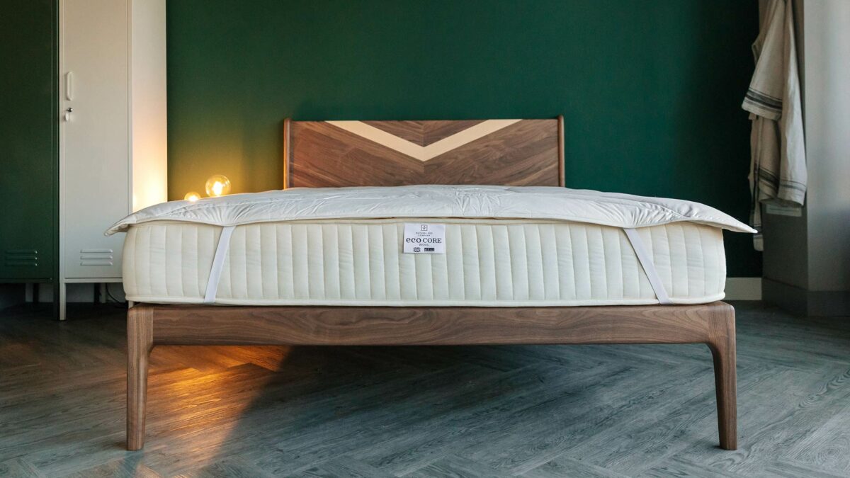 organic wool filled mattress covers on eco core mattress and walnut bold chevron Hoxton bed