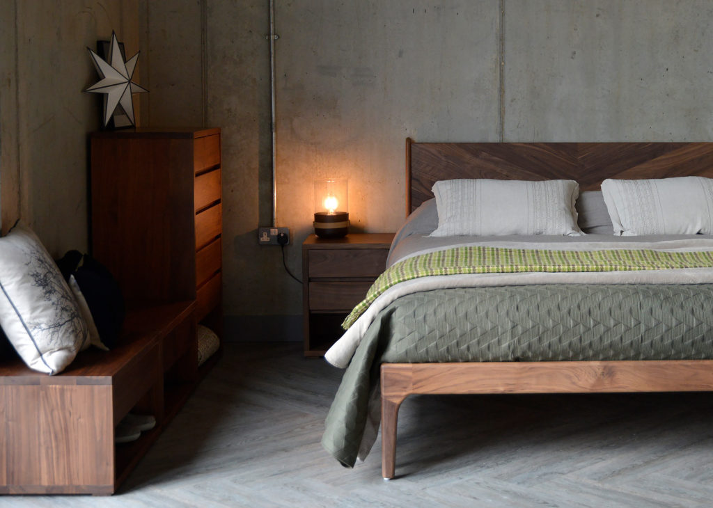 Hand made exclusive Hoxton Bed in Walnut, with a range of walnut Cube storage chests.