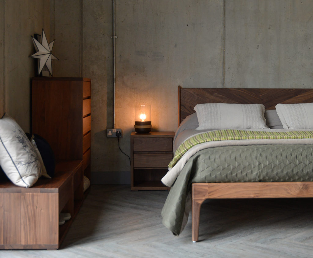 Black Lotus Cube storage collection shown with our Hoxton Bed. Available in Walnut or Oak