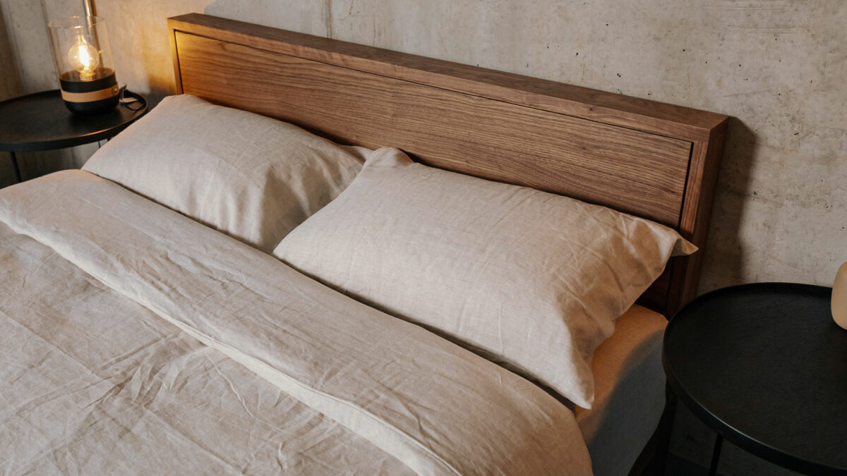 Ecru linen bedding shown on Walnut solid wooden bed the Leith