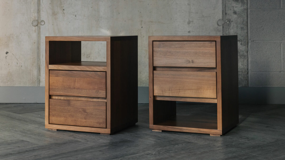 solid walnut wood two drawer bedside tables with open shelf either at the top or the bottom