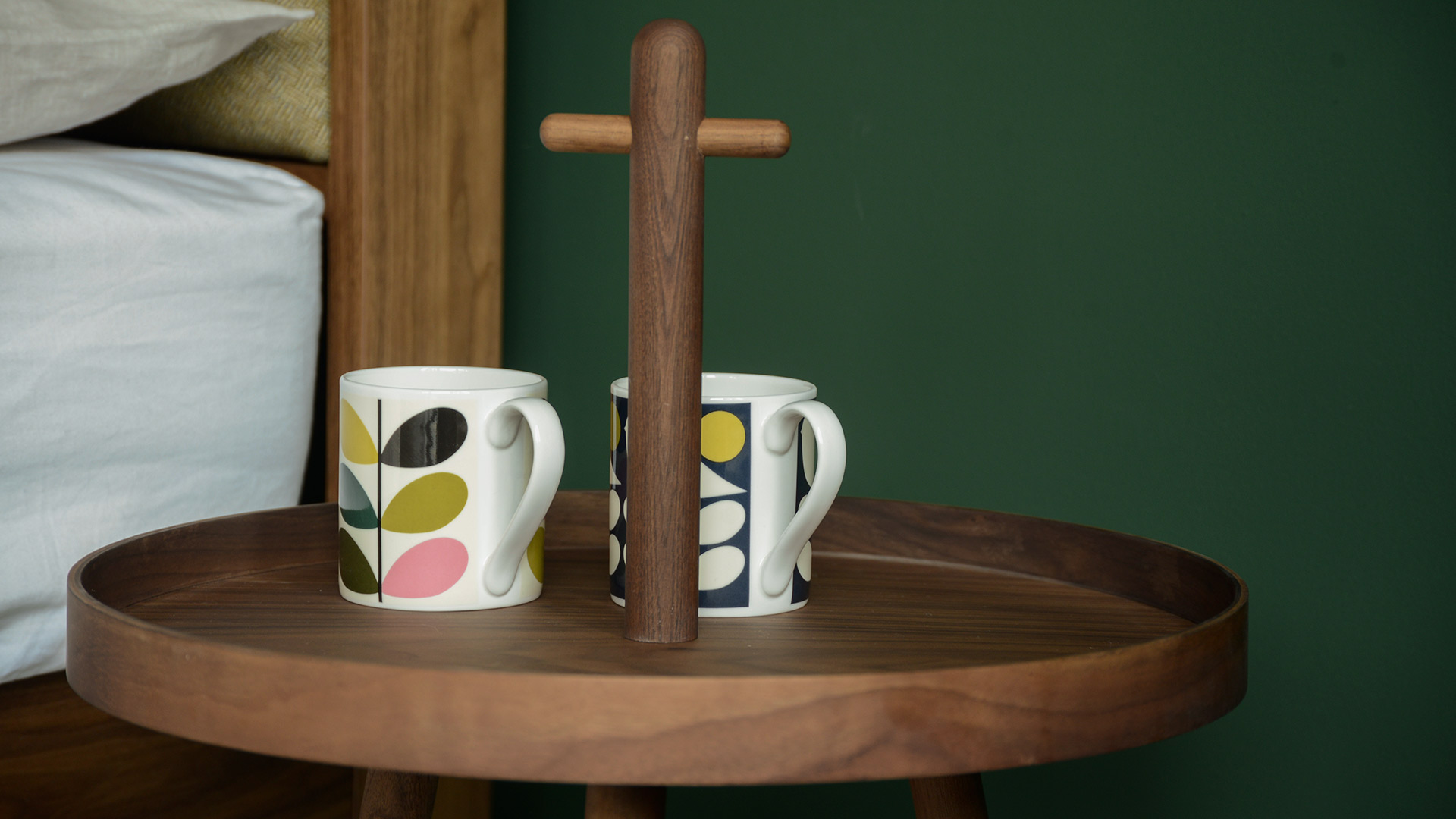 walnut wood tray table with handle a close-up view