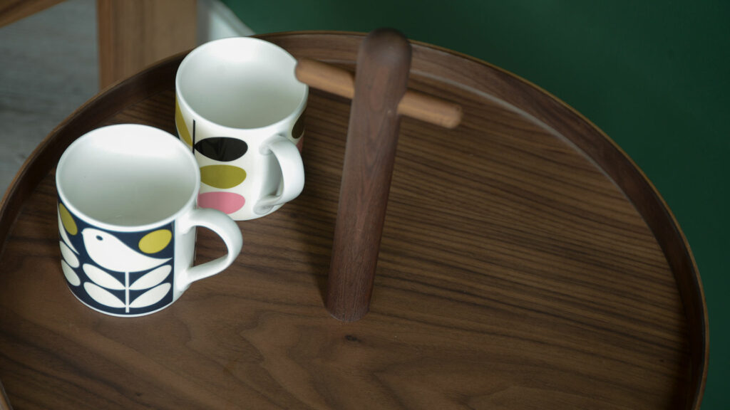 walnut wood tray table with handle from above