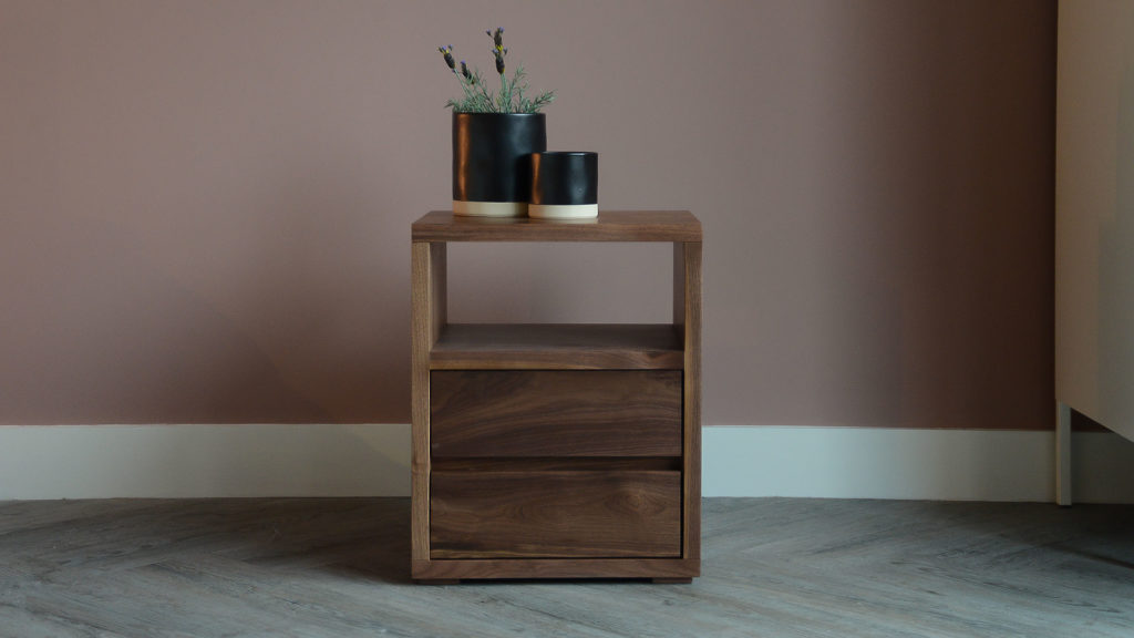 walnut wood bedside table with 2 drawers and an open shelf