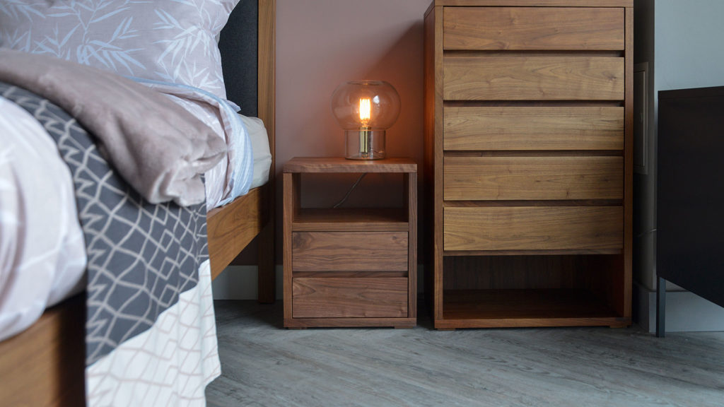 Cube bedside table with 2 drawers and an open shelf in Walnut