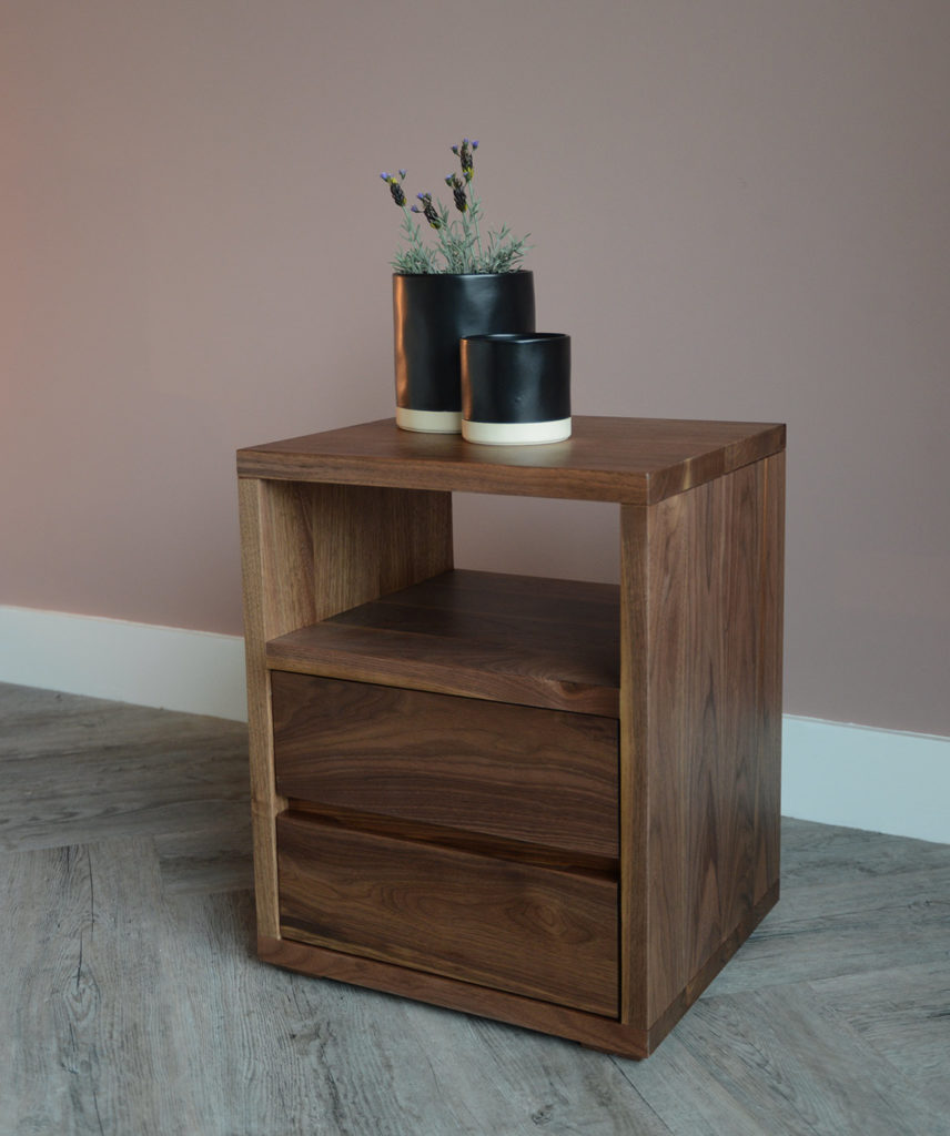 walnut wood bedside table with 2 drawers and an open shelf