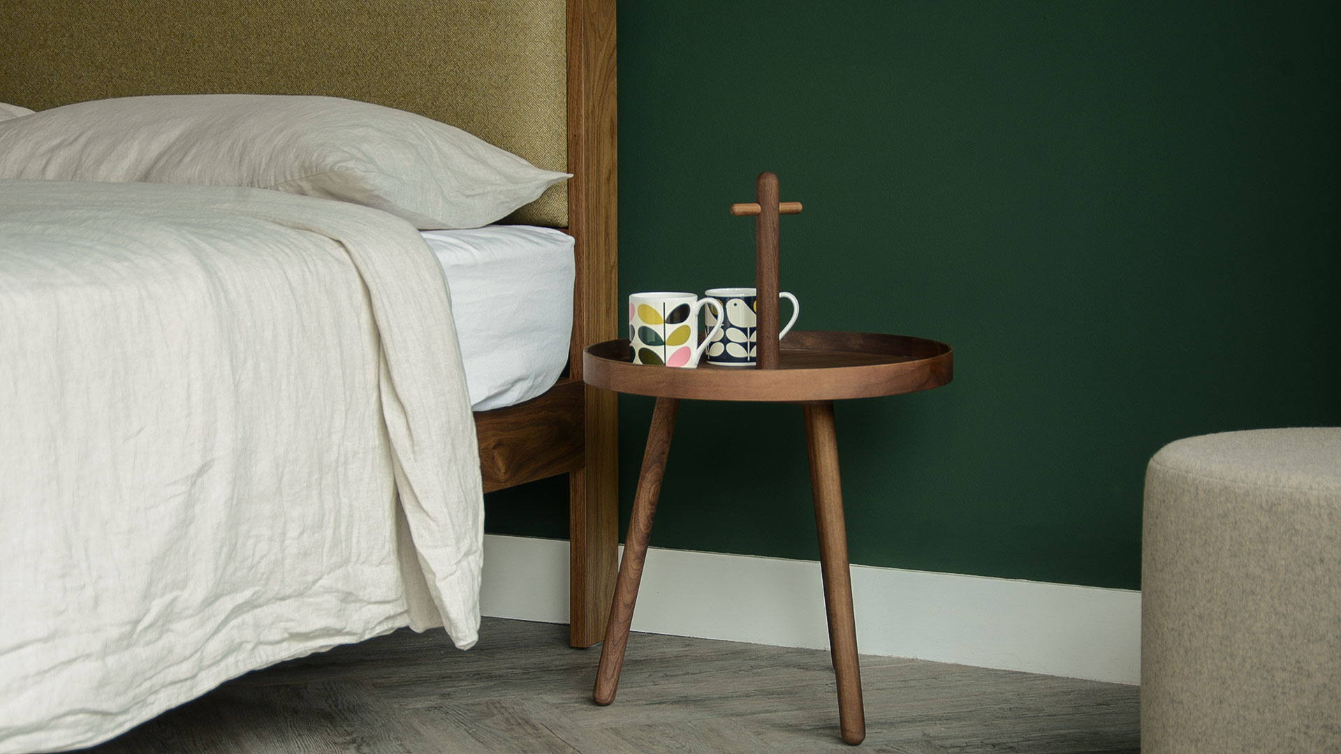 walnut wood tray table with handle used as bedside table