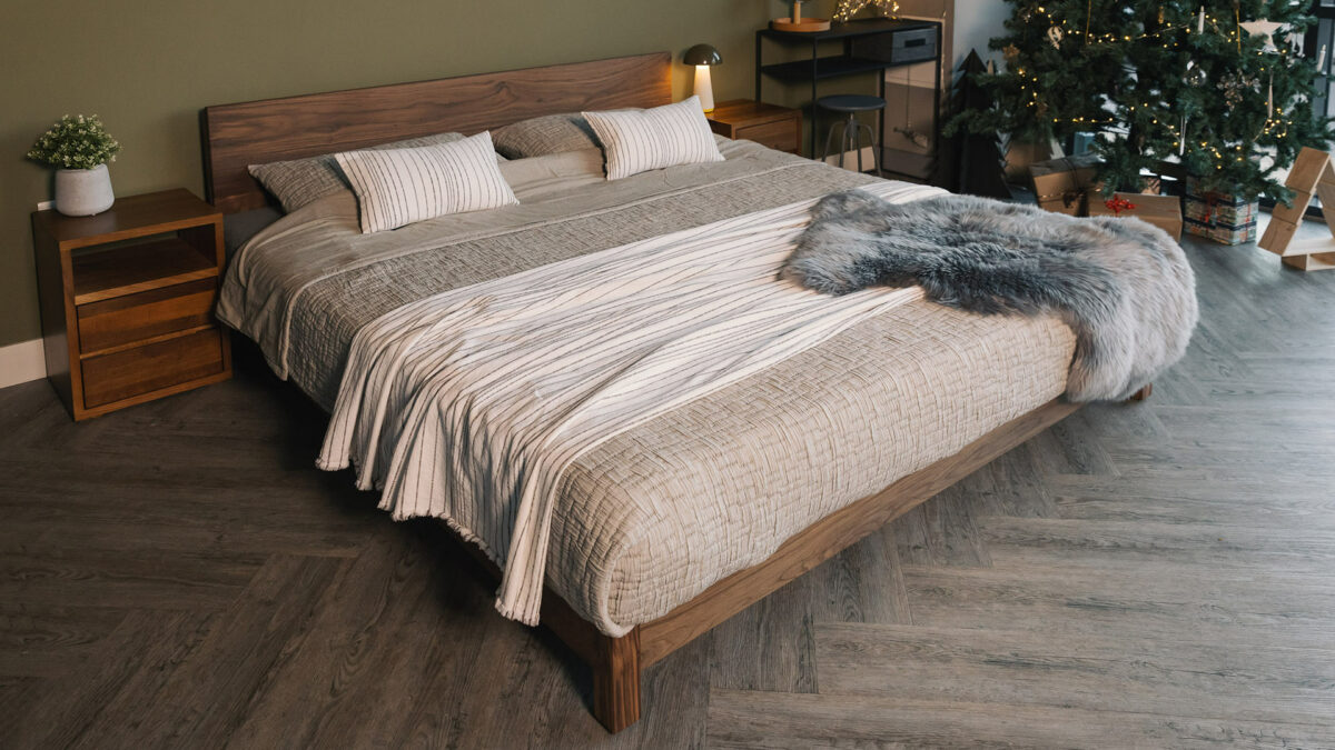 walnut sonora bed superking with silver grey sheepskin
