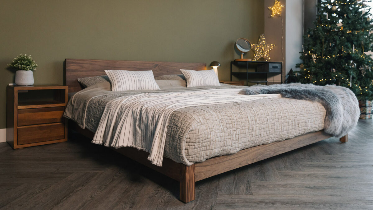 solid walnut low Sonora bed here in a Superking size