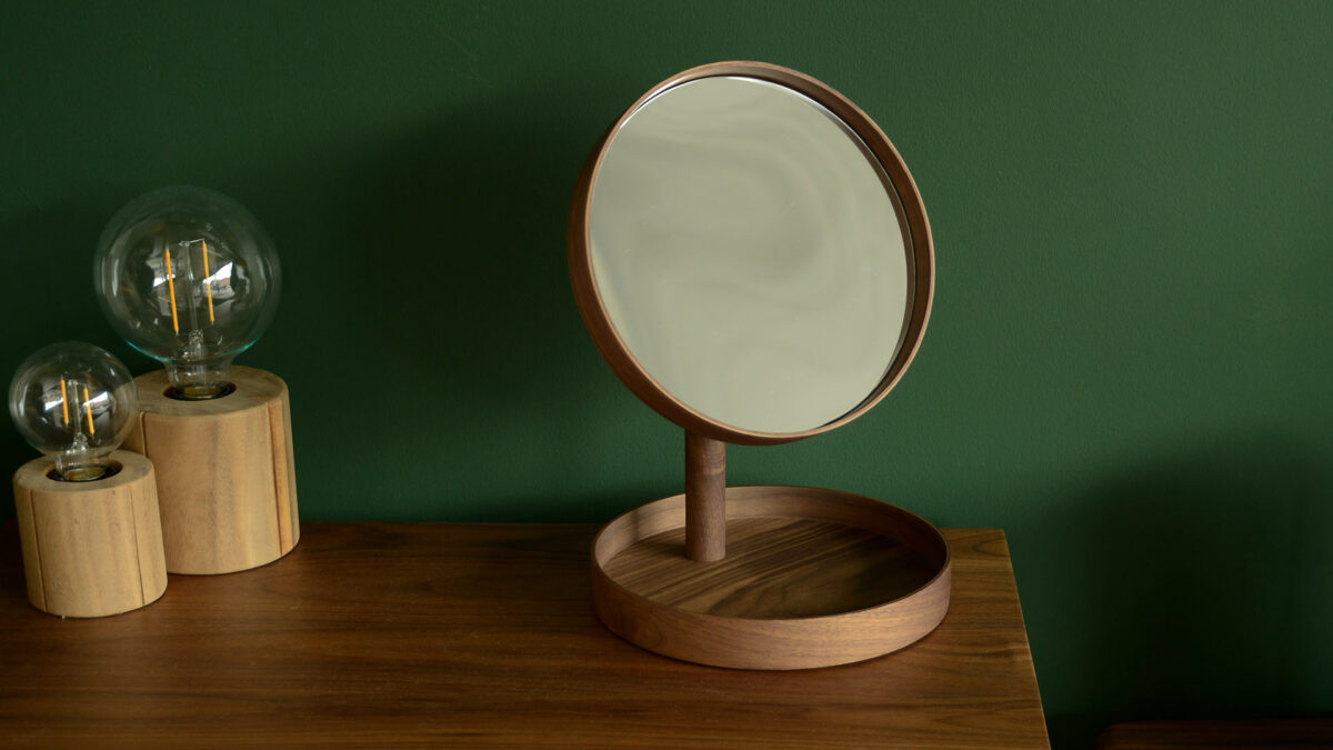 walnut wood adjustable vanity mirror with tray