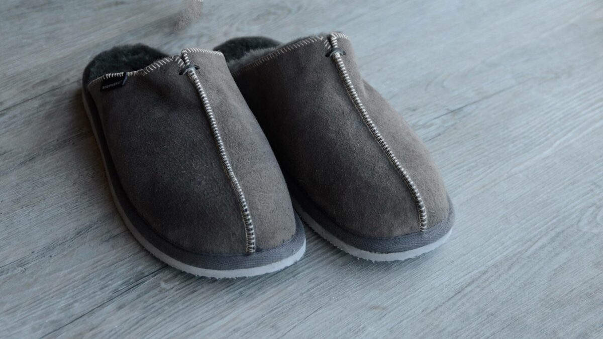 warm grey soft sheepskin mule style slippers