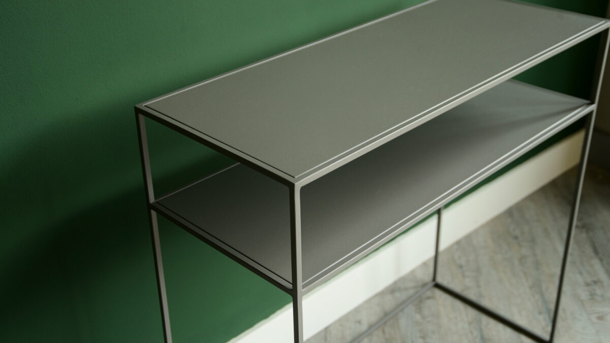 metal console table with shelf in warm grey a closer view