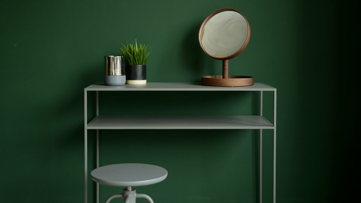 metal console table with shelf in warm grey