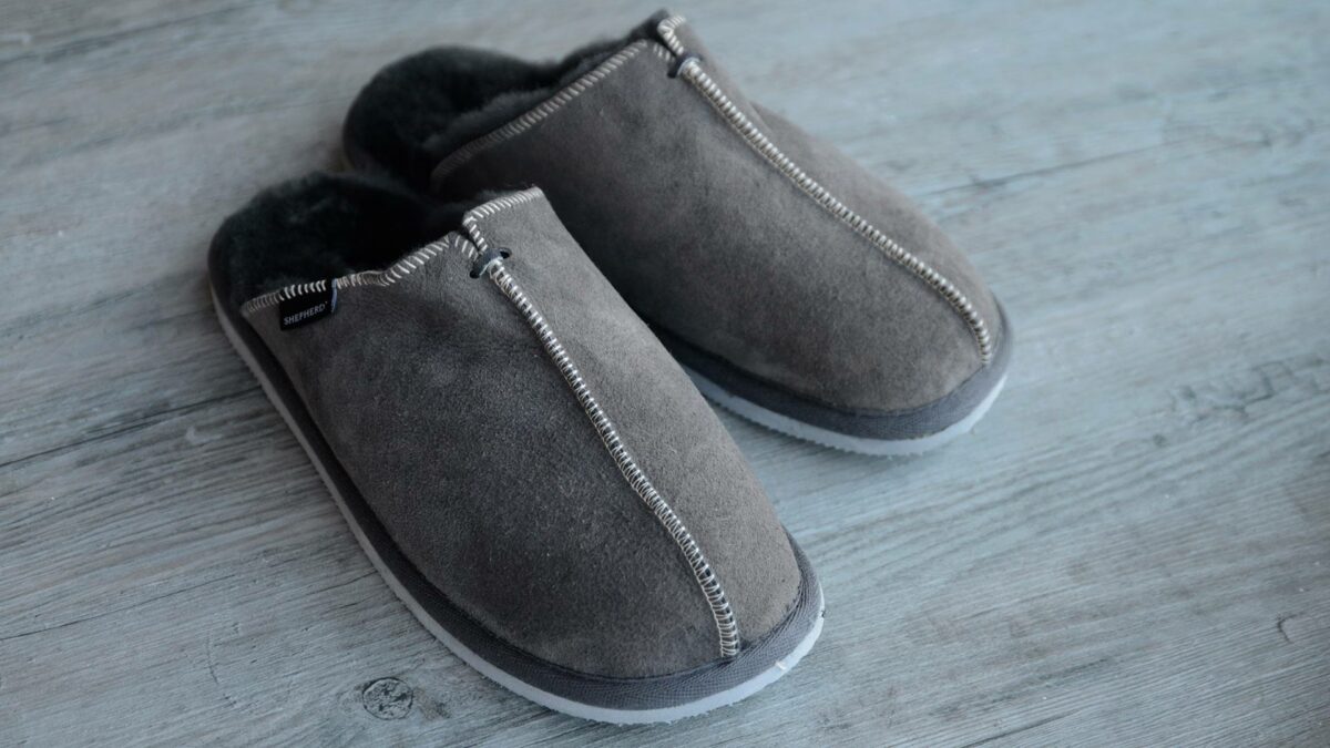 grey sheepskin mule style slippers