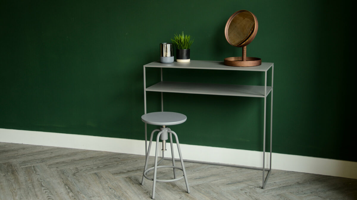 metal console table with shelf in warm grey