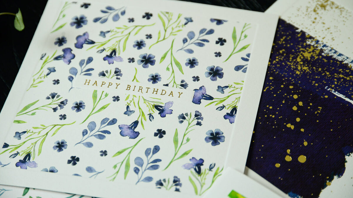 watercolour flower birthday card close up