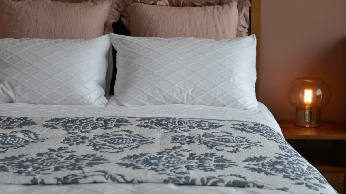 white and blue grey jacquard bedspread