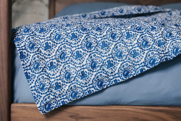 white and blue printed quilt close up