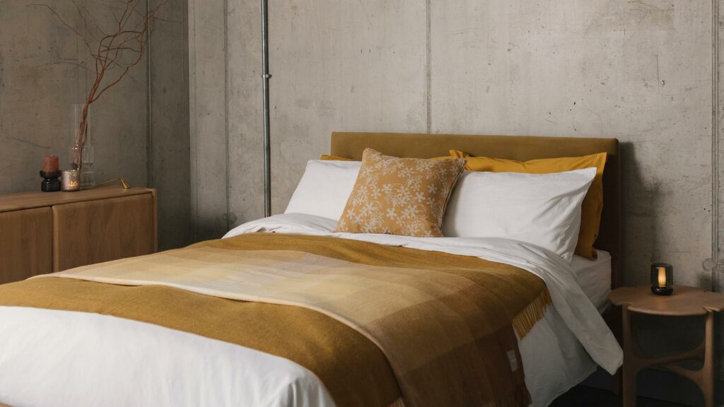 white and ochre bedding