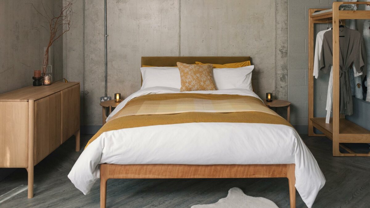 white and ochre bedroom scheme