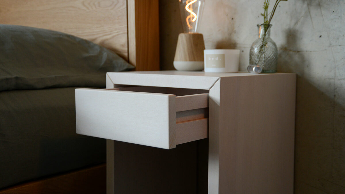 white birch bedside table with storage drawer open