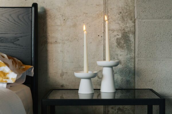 white ceramic candle holders for taper candles or chunky church candles