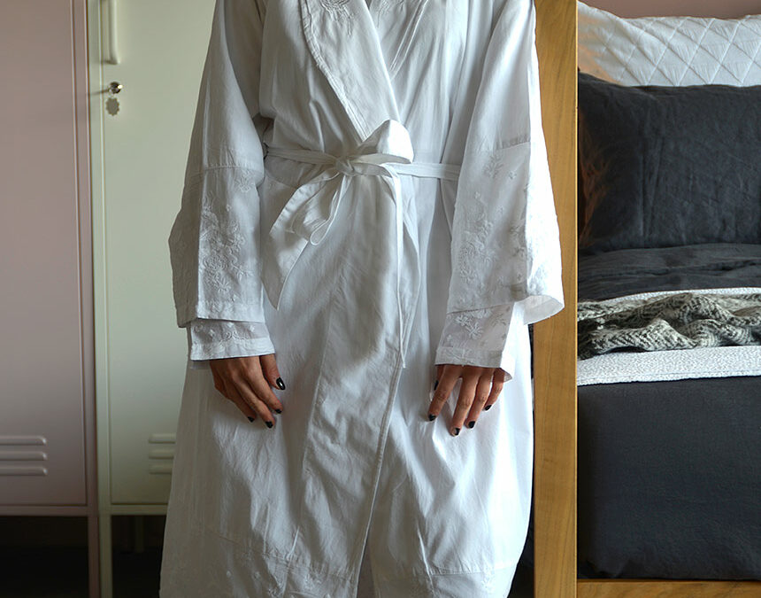 white cotton embroidered pjs and matching robe
