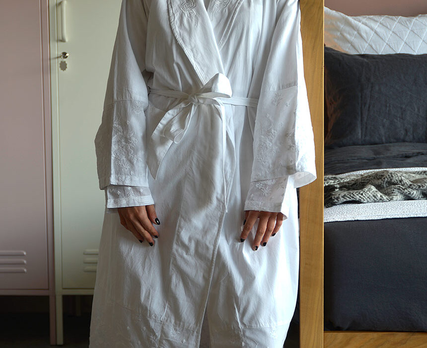 white cotton embroidered pjs and matching robe
