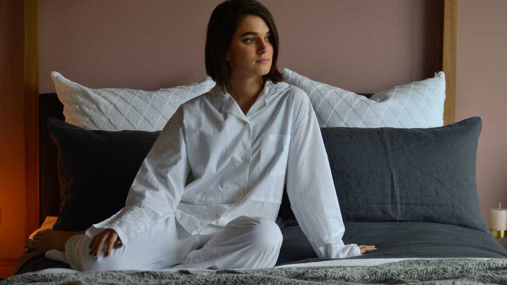 lightweight white cotton pjs with embroidered hem panels